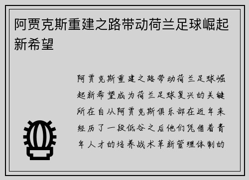 阿贾克斯重建之路带动荷兰足球崛起新希望