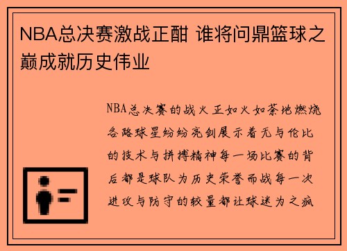 NBA总决赛激战正酣 谁将问鼎篮球之巅成就历史伟业